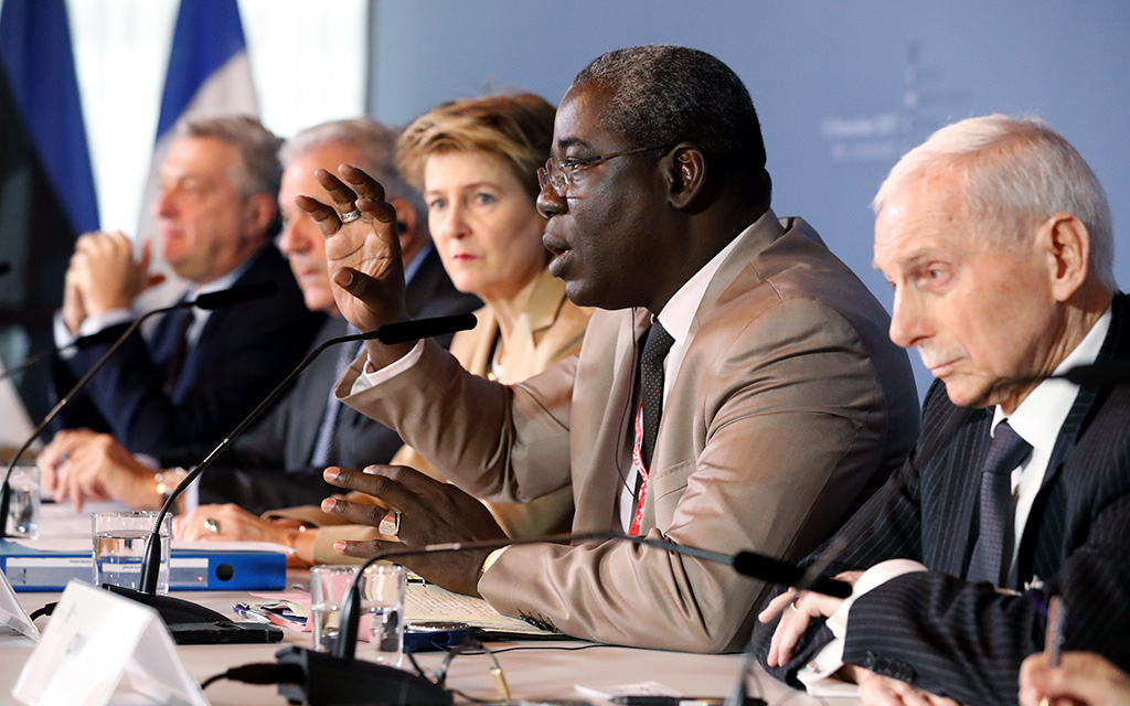 Press Conference of the 3rd meeting of the Central Mediterranean Contact Group, in Bern, Switzerland, 13 November 2017. Filippo Grandi, United Nations High Commissioner for Refugees, Dimitris Avramopoulos, European Commissioner for Migration, Home Affairs and Citizenship, Swiss Federal Councillor Simonetta Sommaruga, Abdramane Sylla, Minister for Malians Abroad and African Integration, William Lacy Swing, Director General of the International Organization for Migration