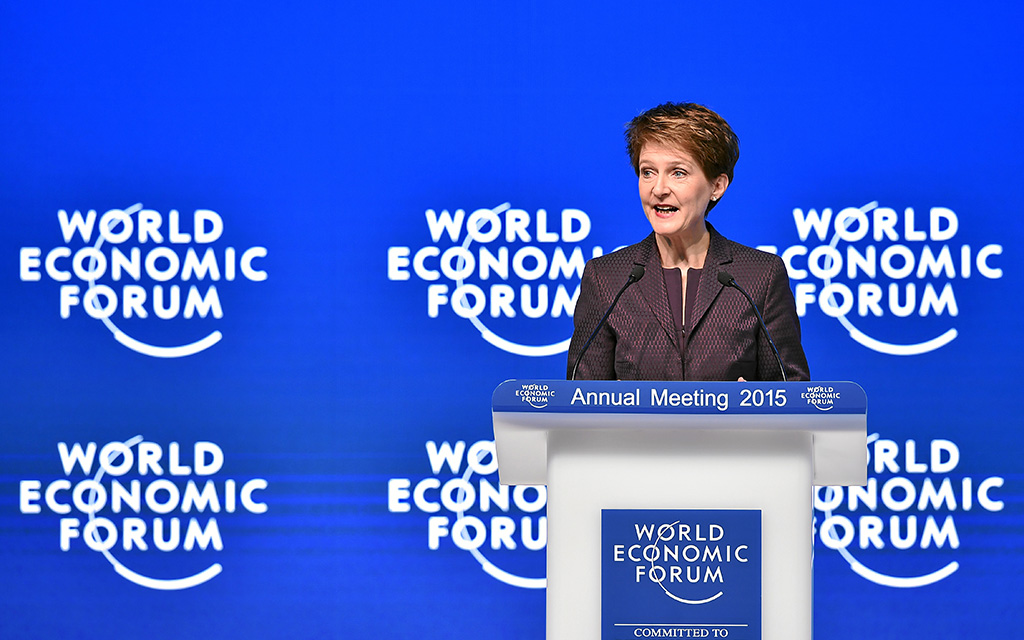 Discours prononcé par la présidente de la Confédération Simonetta Sommaruga pour l’ouverture du Forum économique mondial 2015, à Davos (Photo: WEF, Michael Buholzer)