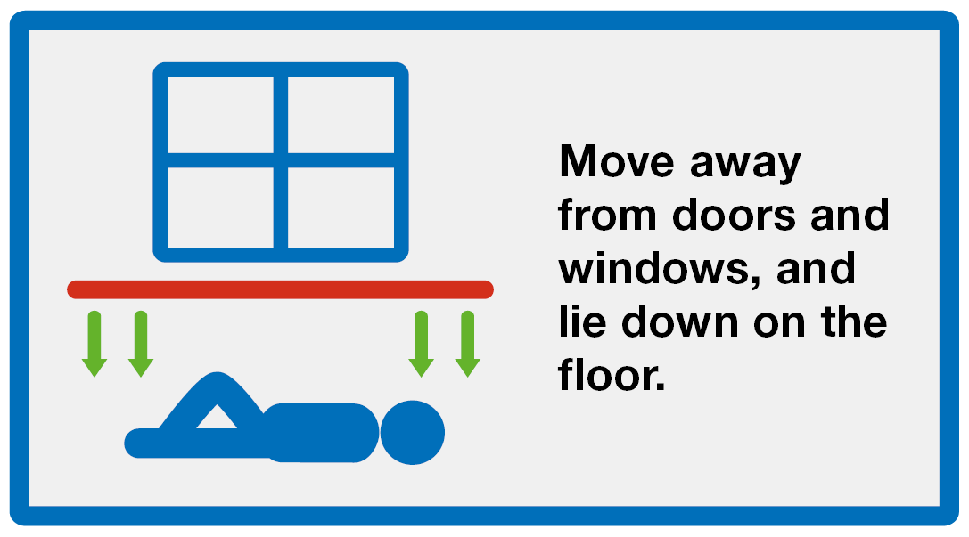 Hide: Move away form doors and windows, and lie down on the floor