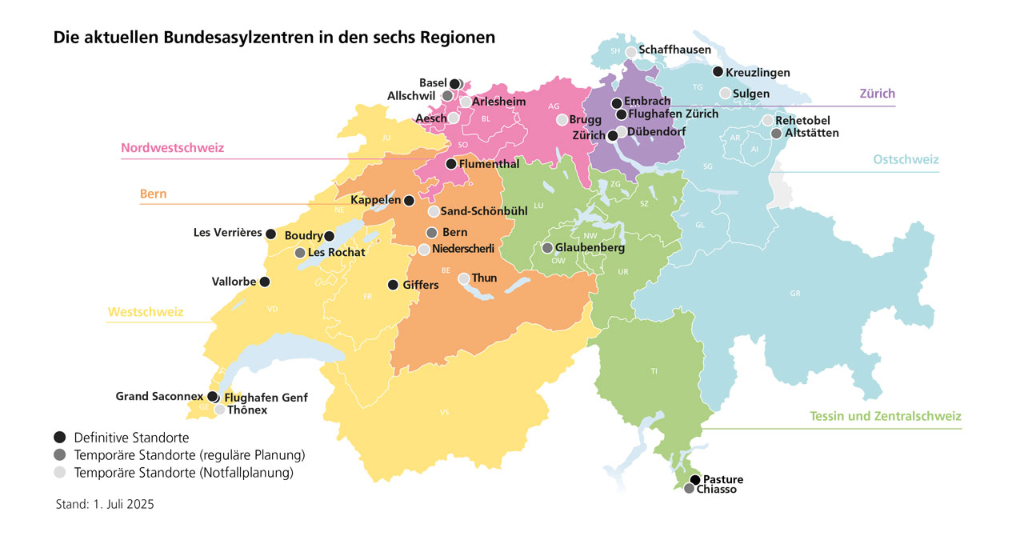 Karte der Schweiz mit den aktuellen Bundesasylzentren in den sechs Regionen