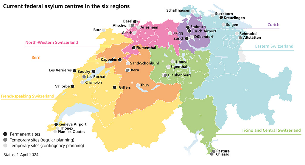 Map of Switzerland with the current federal asylum centres in the six regions